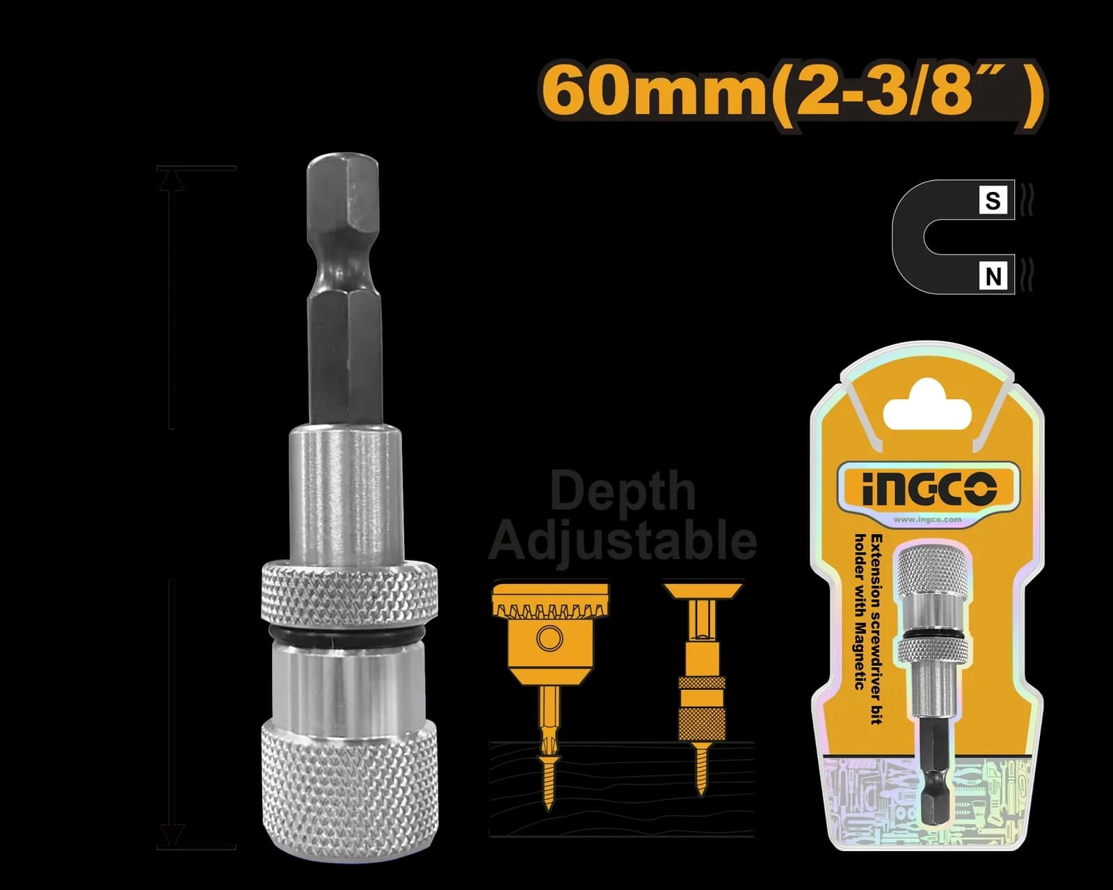 Держатель для бит с ограничителем ABH50608 60мм INGCO, блистер INDUSTRIAL