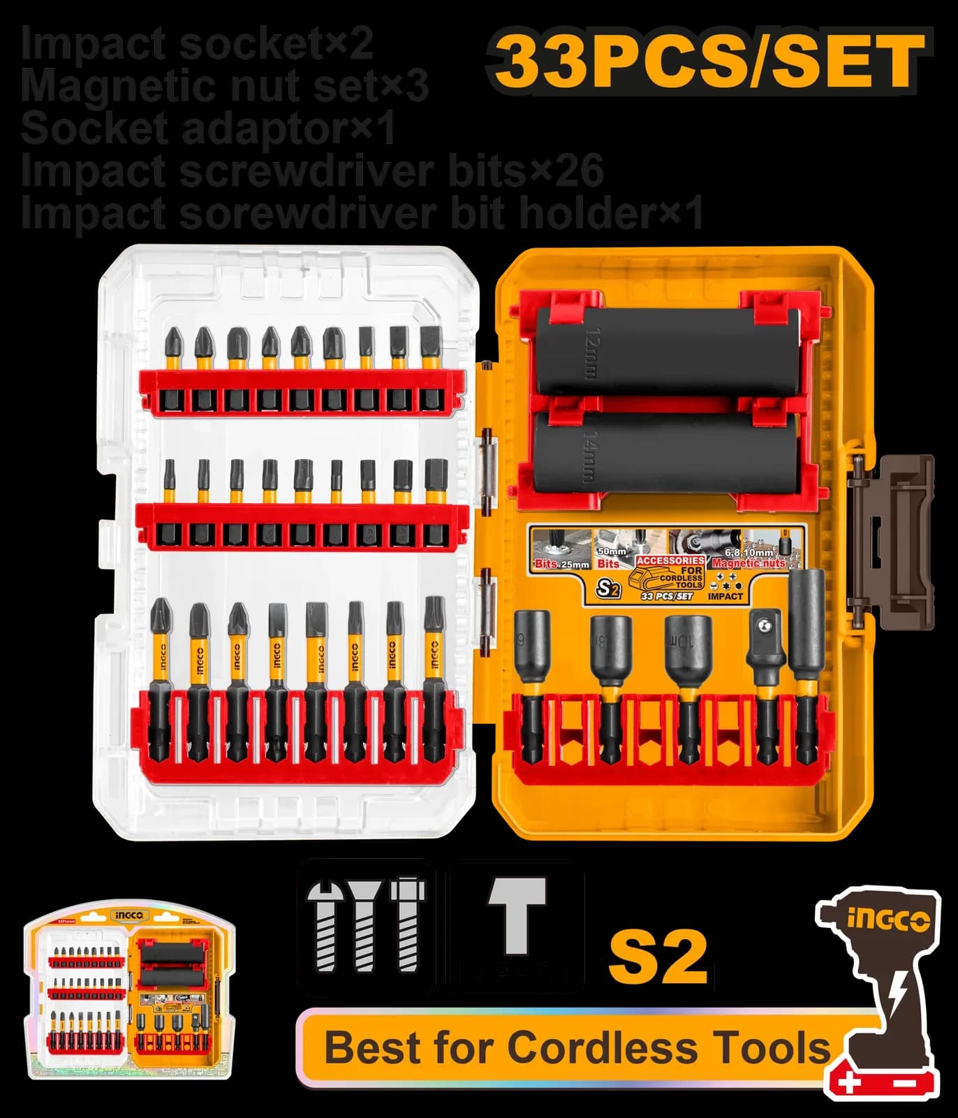 Набор ударных бит и головок AKDL63306 33шт INGCO INDUSTRIAL