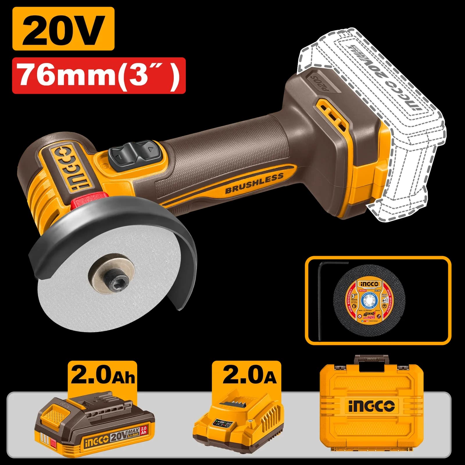 Мини-УШМ CAGLI207625 Акк., б/щ, 76 мм, P20S(20В) INGCO, 1хАКБ 2Ач и ЗУ 2А, кейс INDUSTRIAL