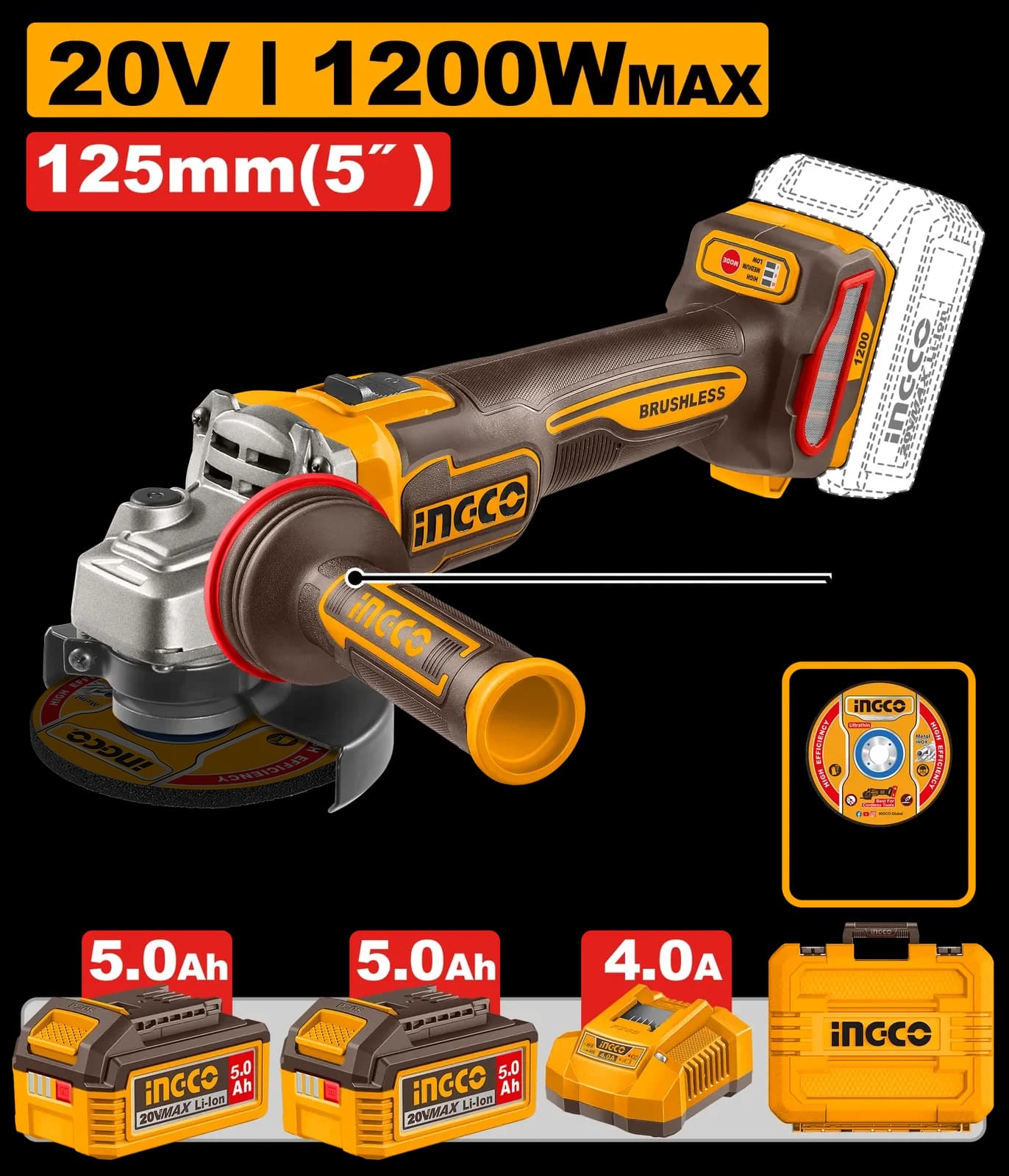 УШМ CAGLI2120272 125мм, 1200W, акк, б/щ , P20S(20В) INGCO, 2хАКБ 5Ач, кейс INDUSTRIAL