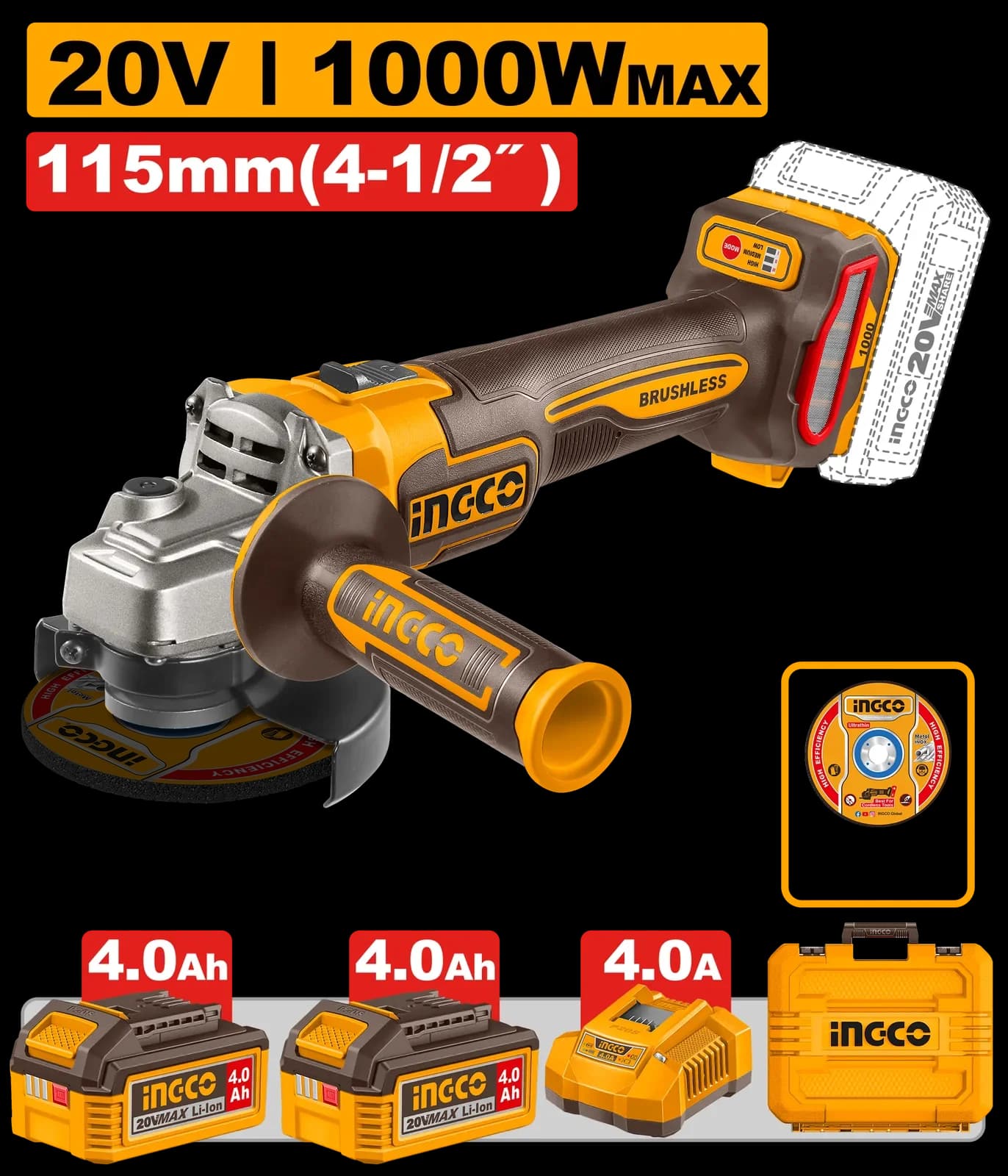 УШМ CAGLI271532 115мм, 1000W, акк, б/щ , P20S(20В) INGCO, 2хАКБ 4Ач и ЗУ 4А