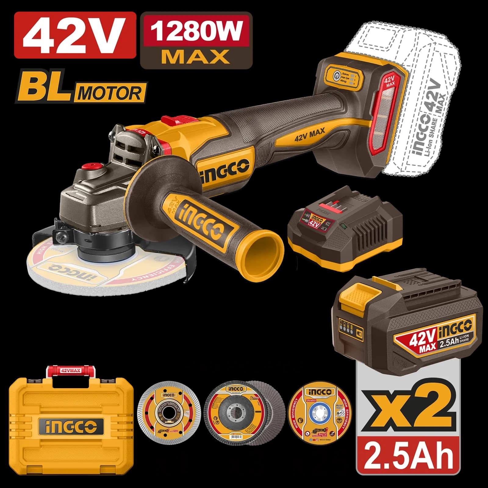 УШМ CAGLI4128112 115мм, 1280W, акк, б/щ , P42M(42В) INGCO, 2хАКБ 2.5Ач
