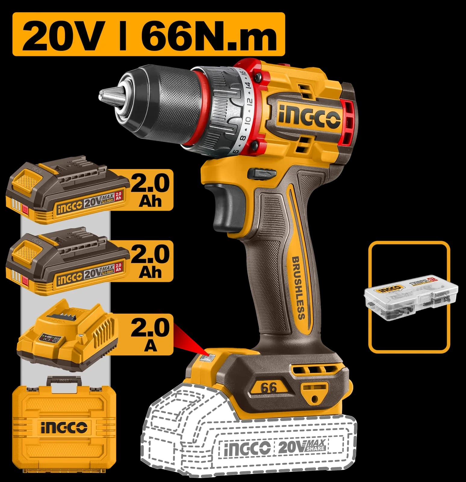 Дрель-шуруповерт CDLI20668 66Нм, акк, б/щ, P20S (20В) INGCO, 2хАКБ 2Ач и ЗУ 2А