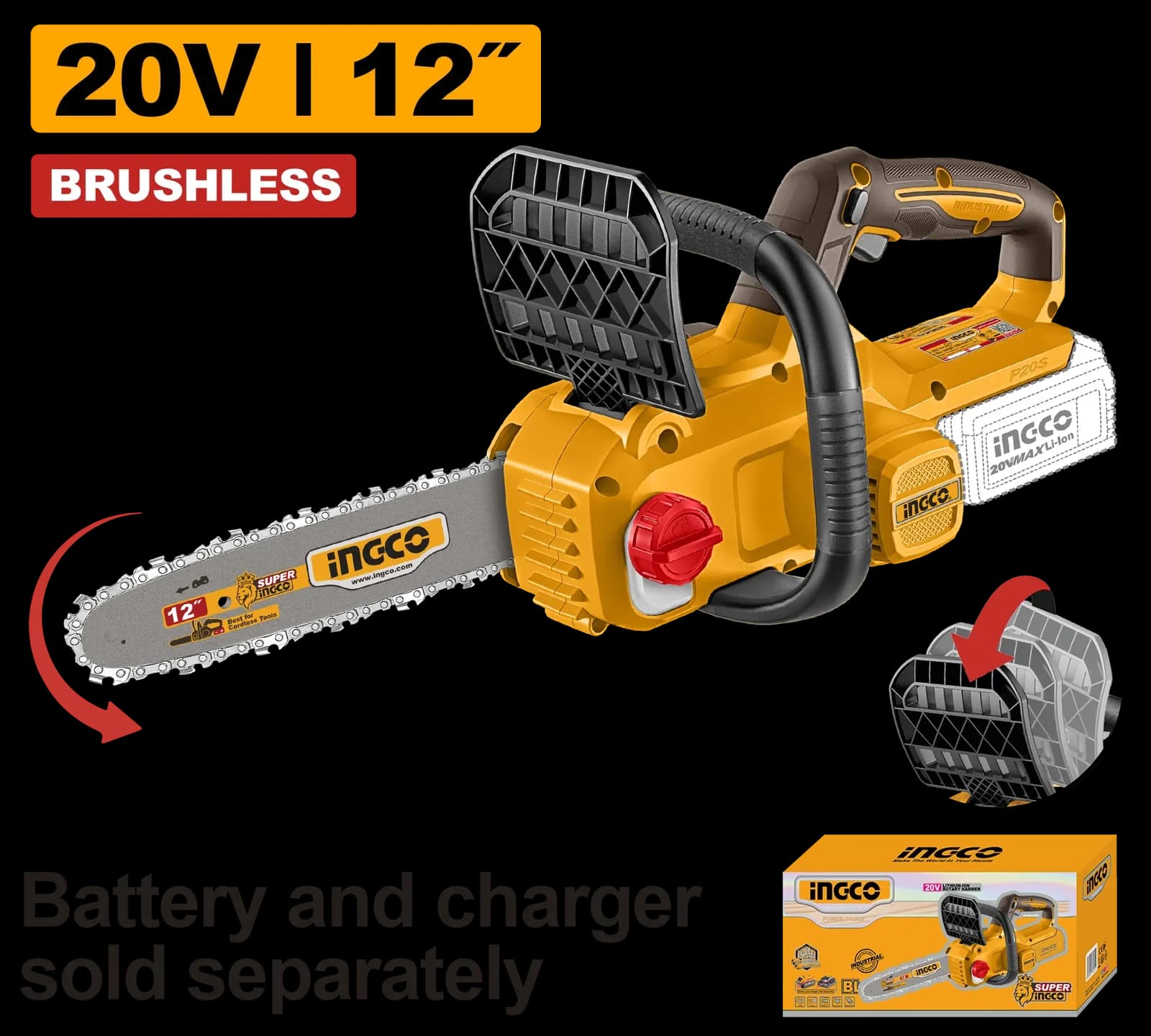 Пила цепная CGSLI20126 12", акк, Б/щ, P20S (20В) INGCO, без АКБ и ЗУ INDUSTRIAL