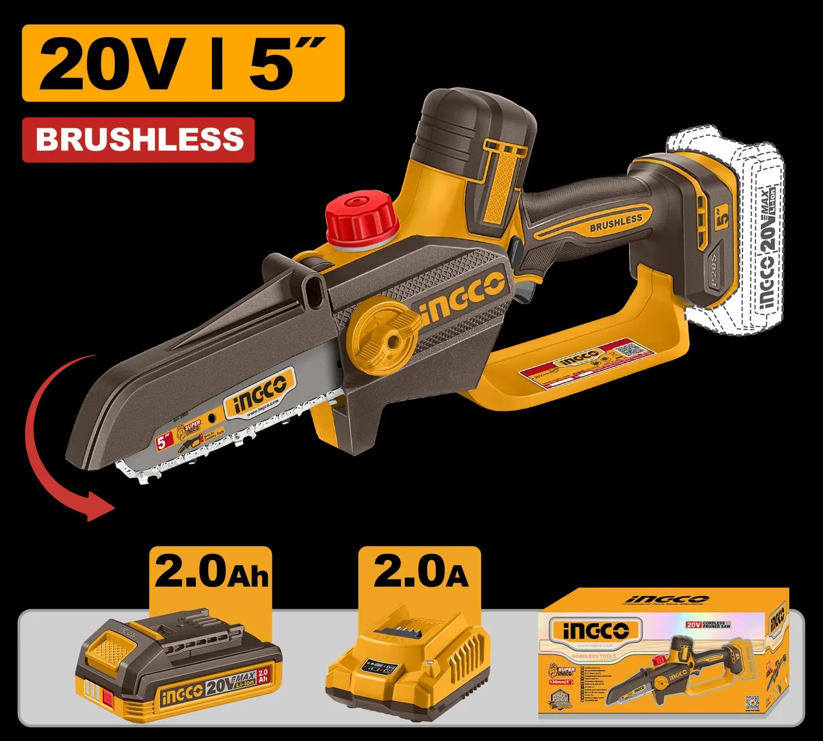 Пила цепная мини CGSLI20561 5", акк, б/щ, P20S (20В) INGCO, 1хАКБ 2Ач INDUSTRIAL