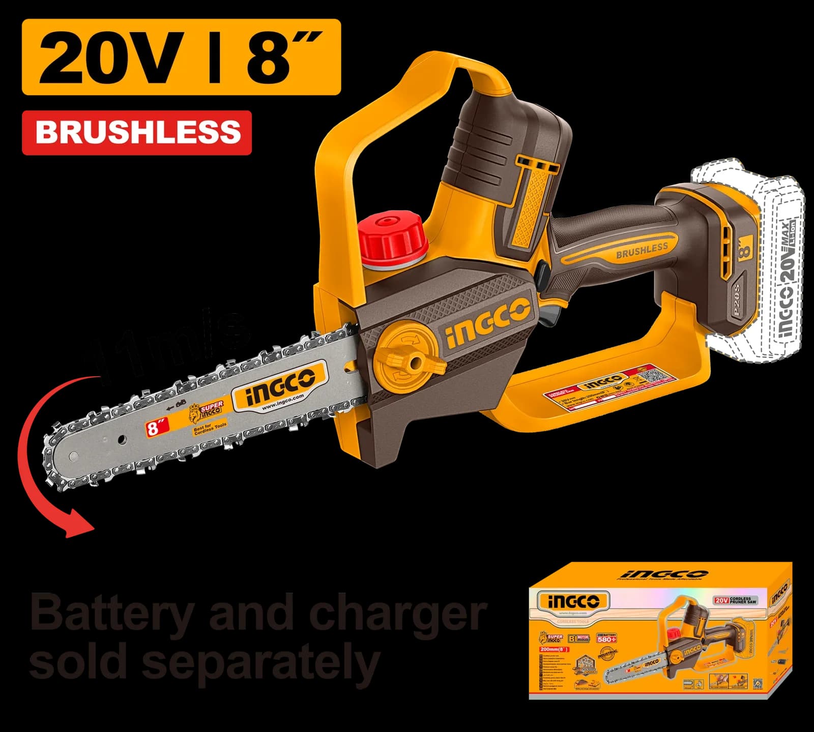 Пила цепная мини CGSLI2088, 8", акк, Б/щ, P20S (20В) INGCO, без АКБ и ЗУ INDUSTRIAL