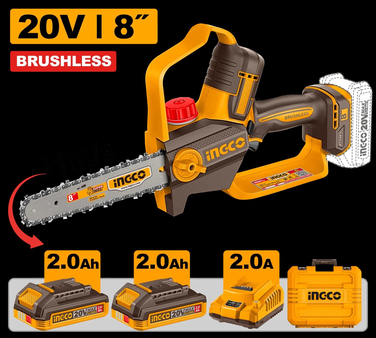 Пила цепная мини CGSLI20882, 8", акк, Б/щ, P20S (20В) INGCO, 2хАКБ 2Ач и ЗУ 2А INDUSTRIAL