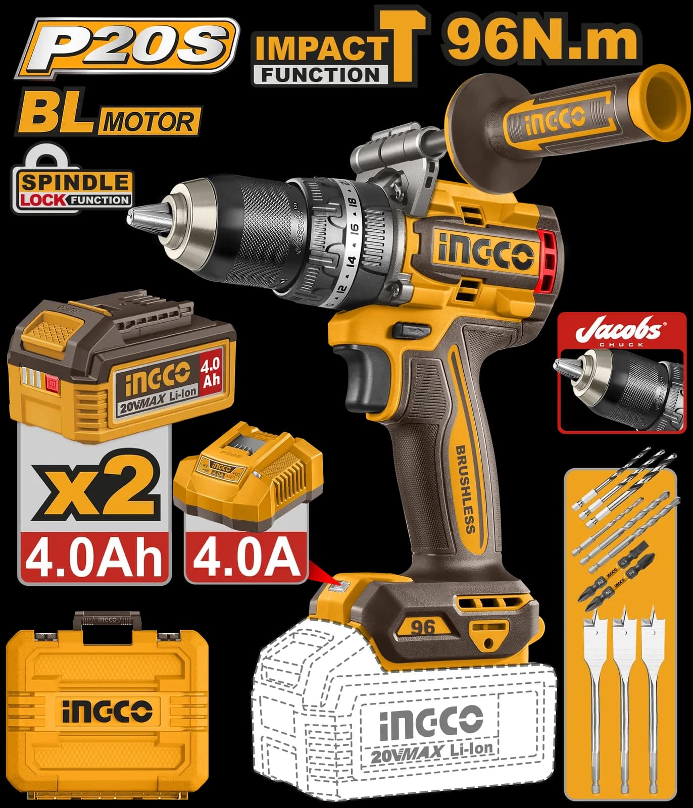 Дрель-шуруповерт CIDLI209686 96Нм, акк, б/щ, P20S (20В) INGCO, 2хАКБ 4Ач и ЗУ 4А