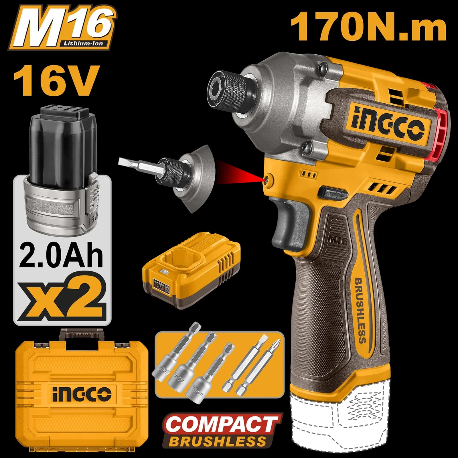 Винтоверт CIRLI16178 170Нм, Акк, Б/щ, M16(16В) INGCO, 2хАКБ 2Ач и ЗУ 1.3А