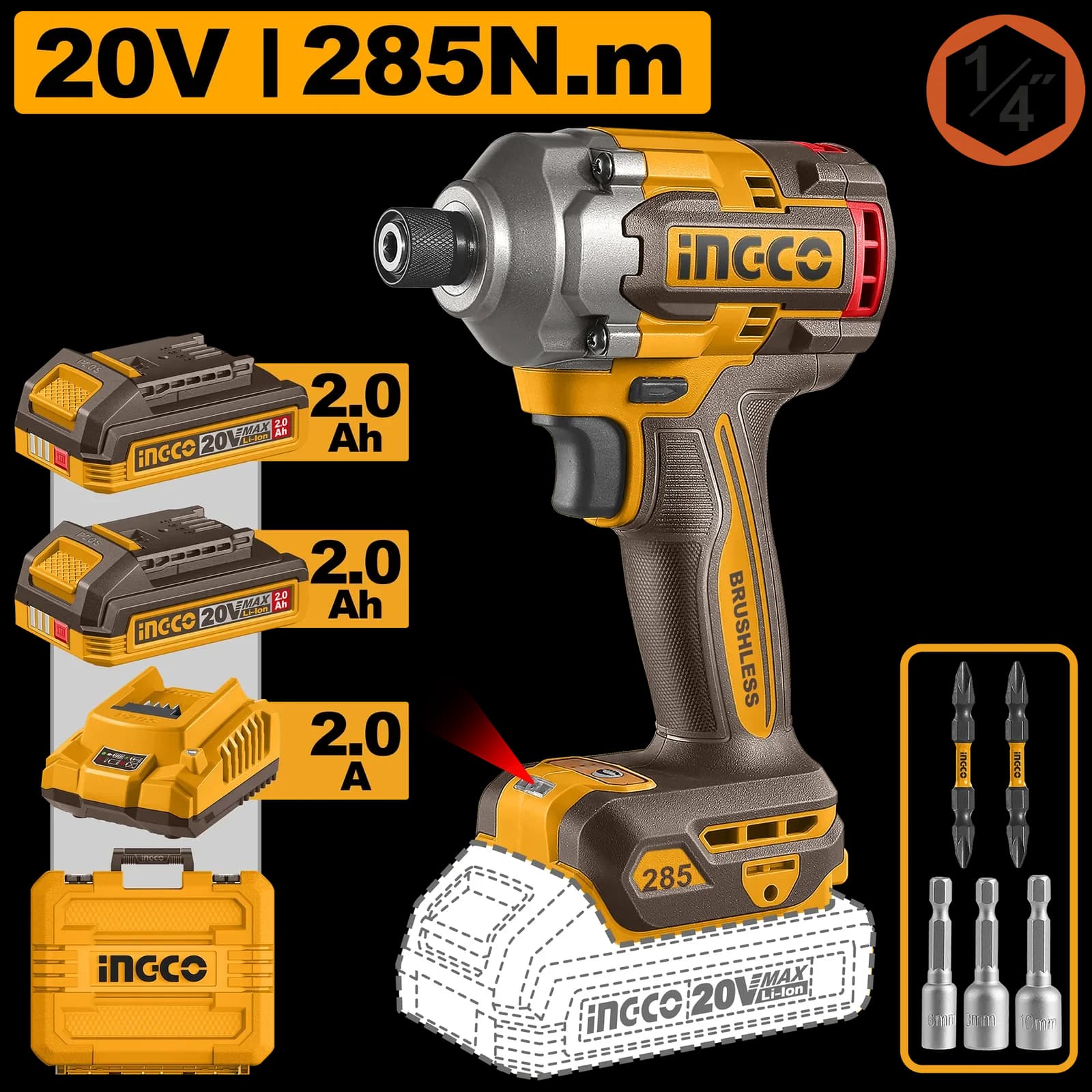 Винтоверт CIRLI2028 285Нм, Акк, Б/щ, P20S(20В) INGCO, 2хАКБ 2Ач и ЗУ 2А