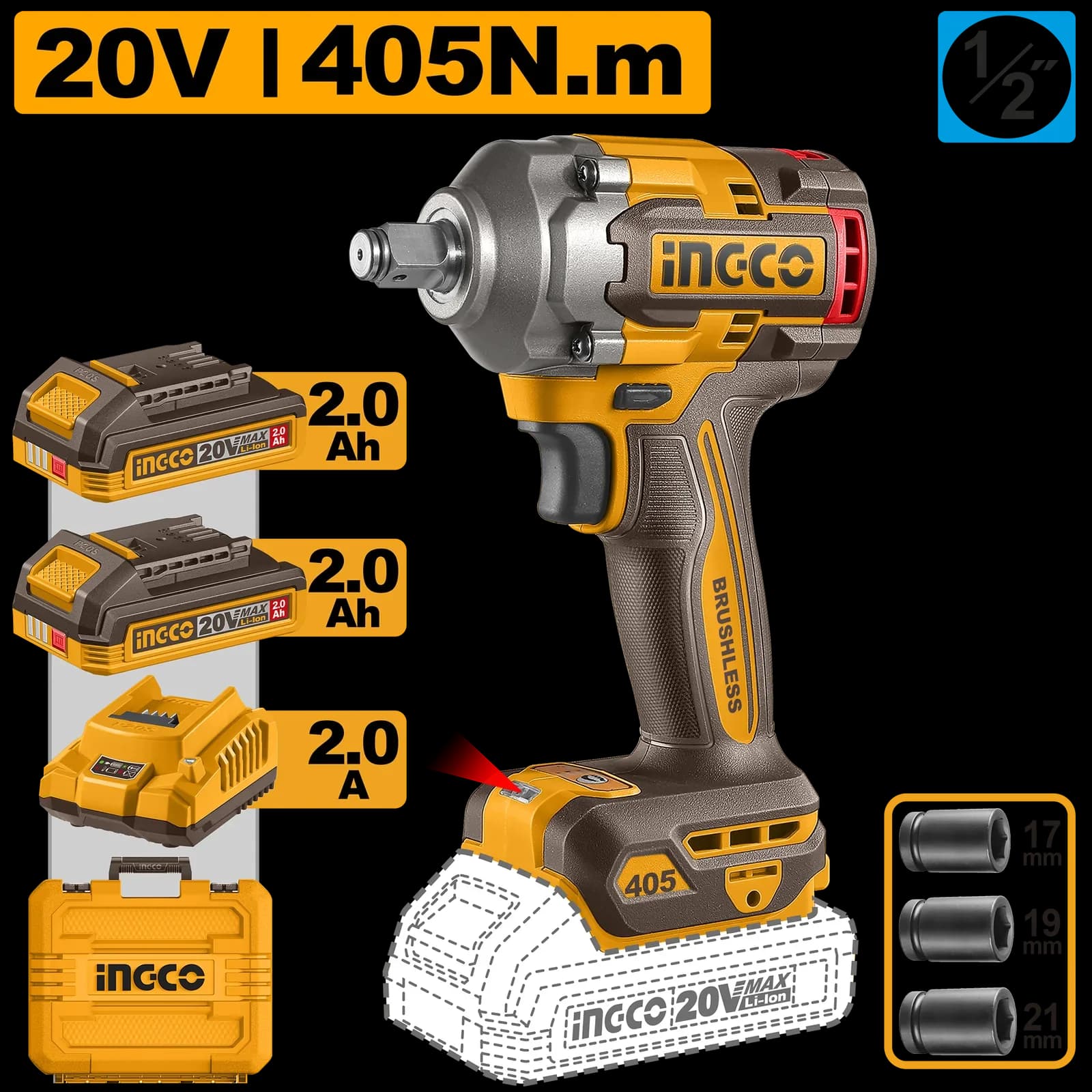 Гайковерт CIWLI2045 405Нм, Акк, Б/щ, P20S(20В) INGCO, 2хАКБ 2Ач