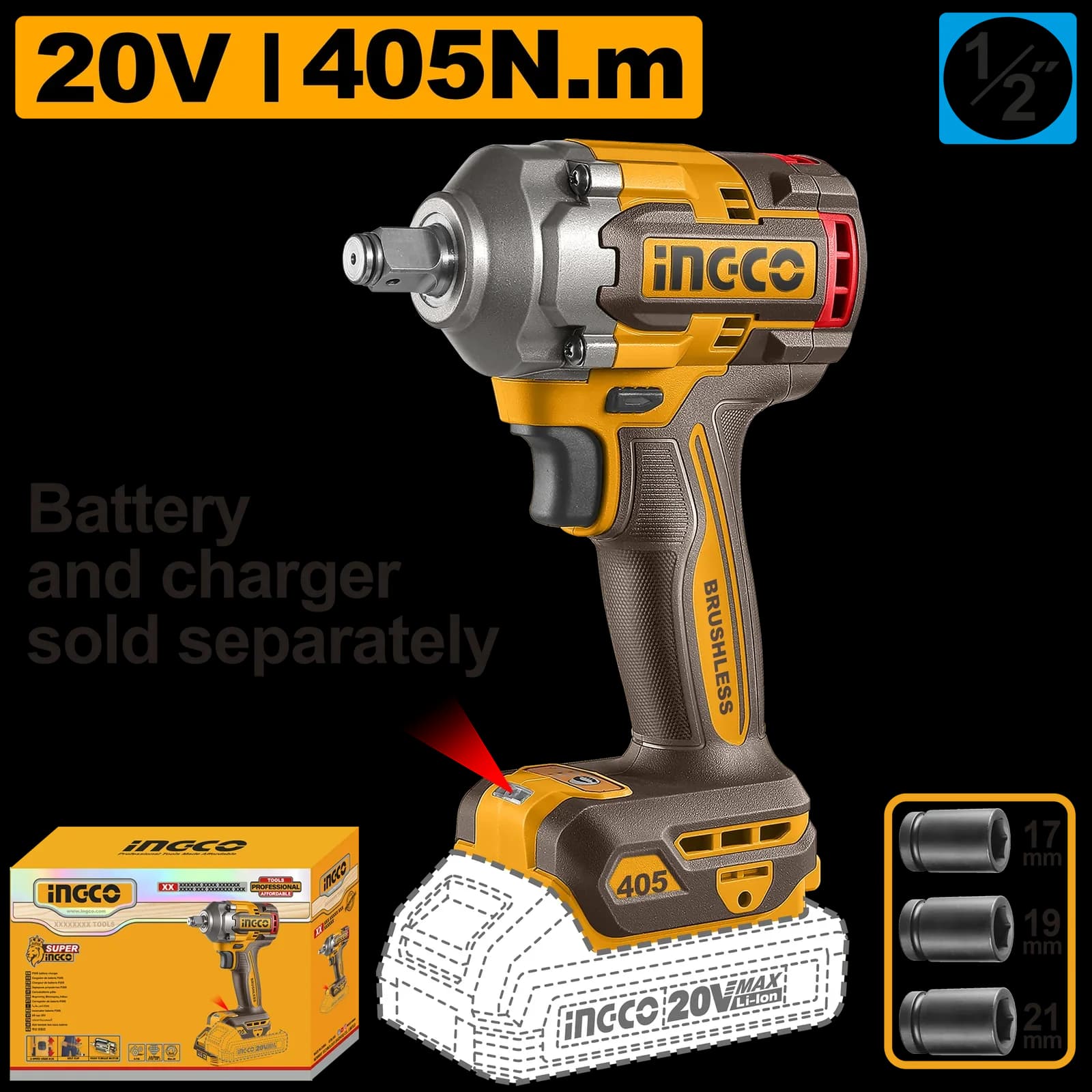 Гайковерт CIWLI20451 405Нм, Акк, Б/щ, P20S(20В) INGCO, без АКБ и ЗУ, коробка INDUSTRIAL