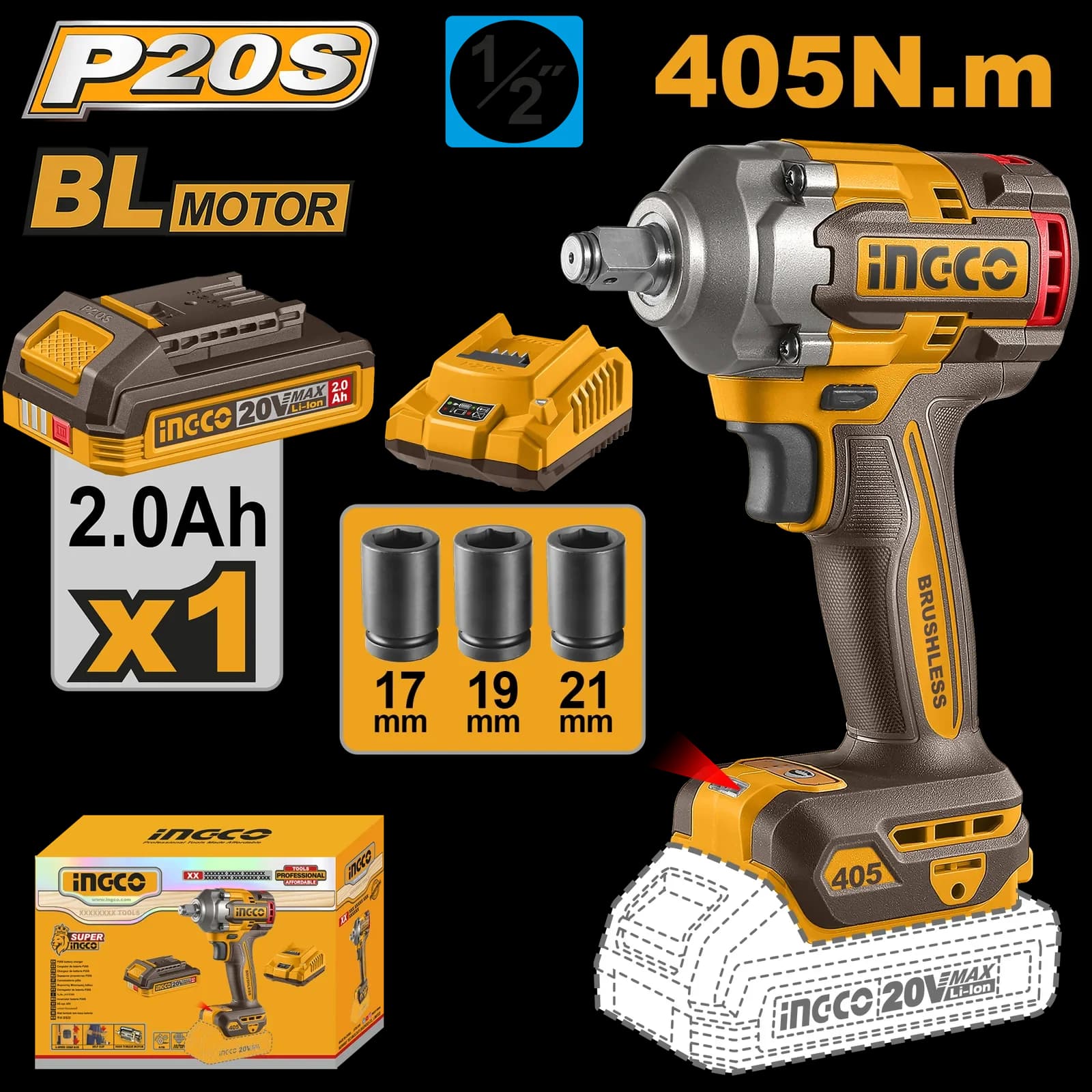 Гайковерт CIWLI20455 405Нм, Акк, Б/щ, P20S(20В) INGCO, 1хАКБ 2Ач, коробка INDUSTRIAL