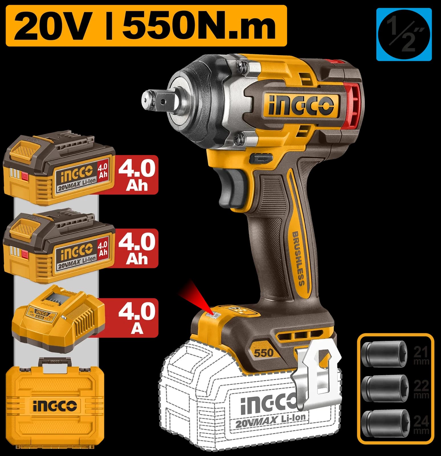Гайковерт CIWLI2055 550Нм, Акк, Б/щ, P20S(20В) INGCO, 2хАКБ 4Ач, коробка INDUSTRIAL