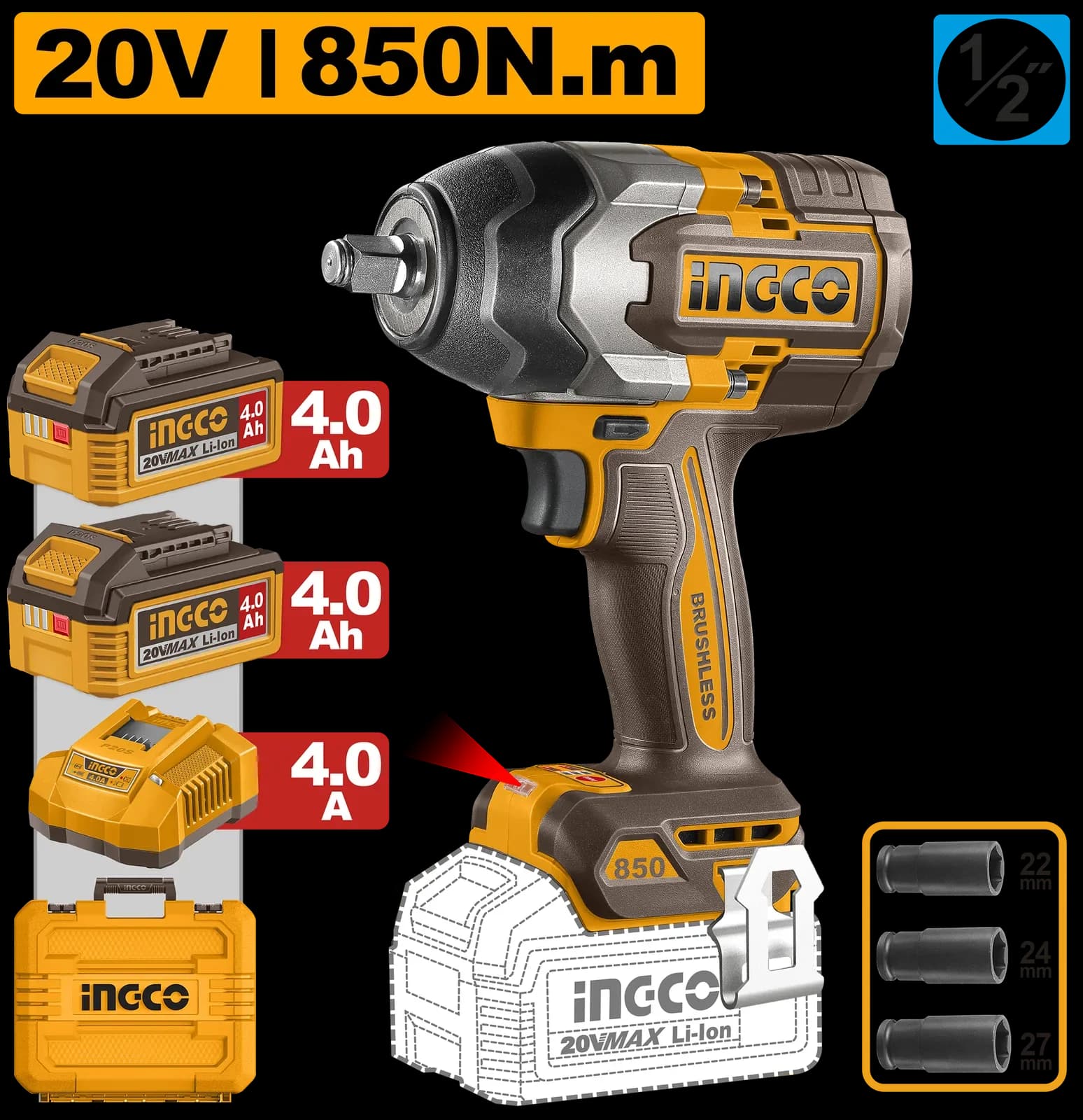 Гайковерт CIWLI2085 850Нм, Акк, Б/щ, P20S(20В) INGCO, 2хАКБ 4Ач и ЗУ 2А