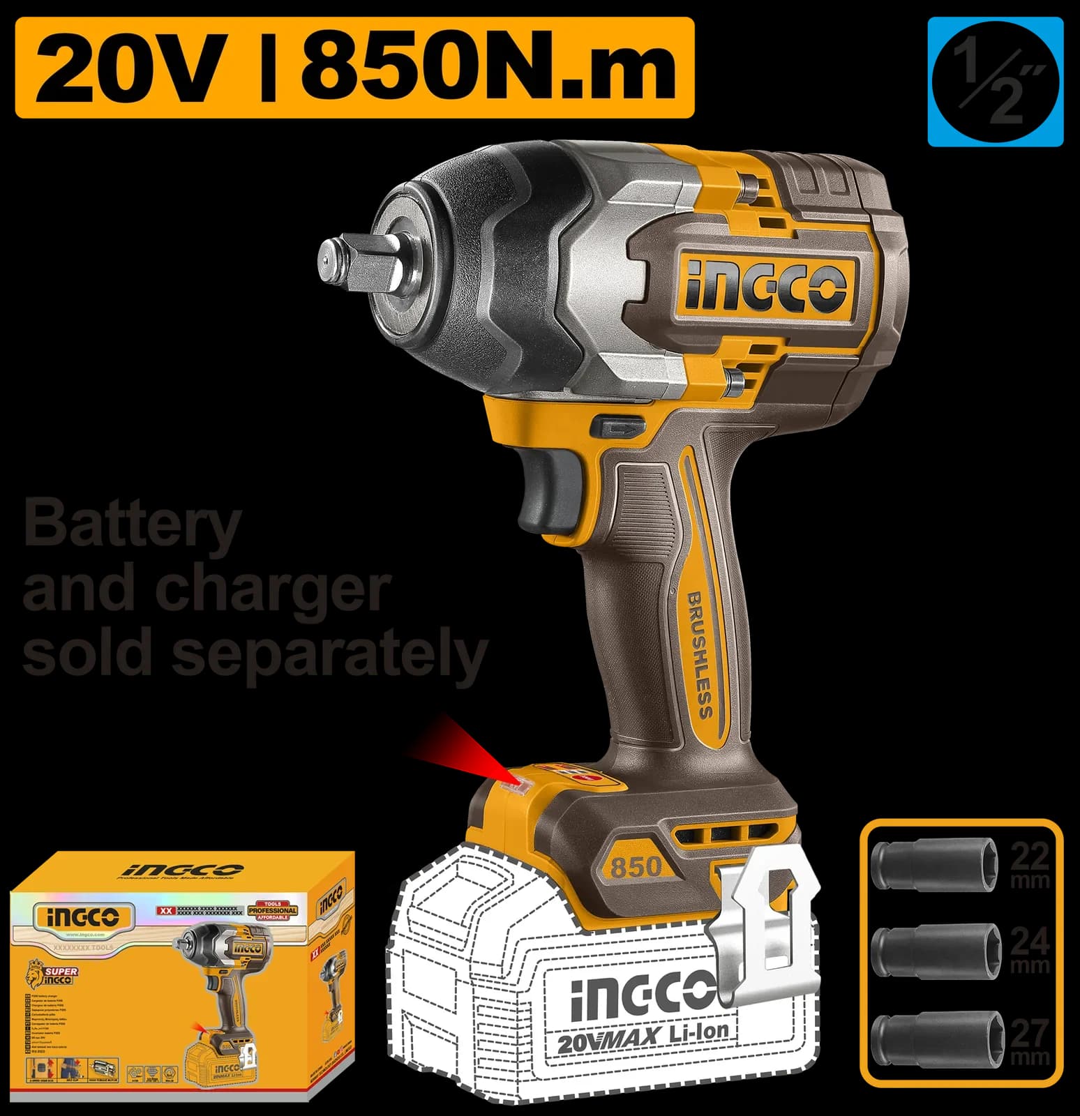 Гайковерт CIWLI20851 850Нм, Акк, Б/щ, P20S(20В) INGCO, без АКБ и ЗУ