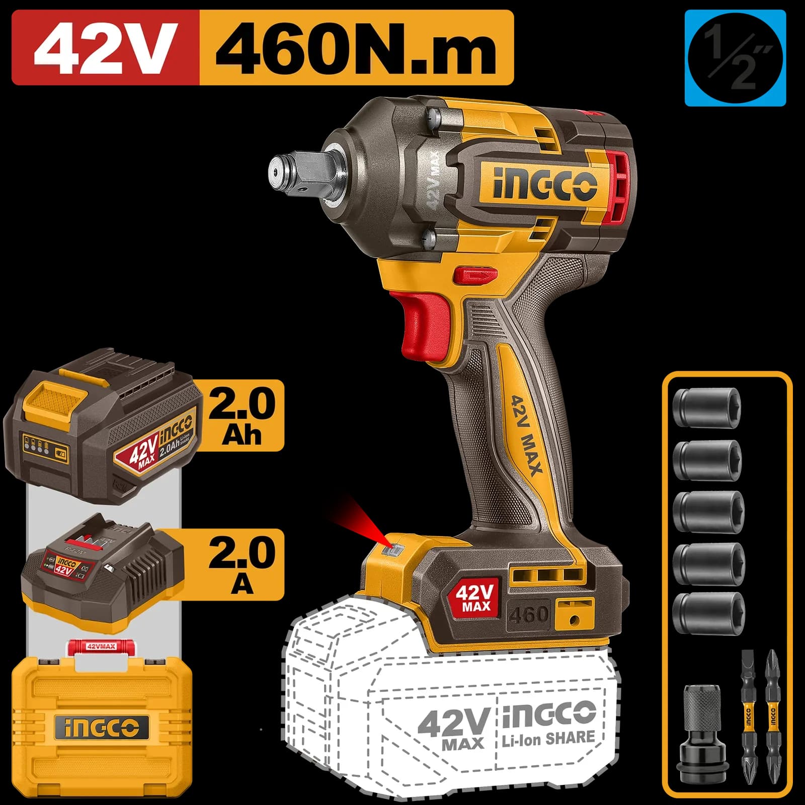 Гайковерт CIWLI42461 460Нм, Акк, Б/щ, P42M(42В) INGCO, 1хАКБ 2Ач и ЗУ 2А