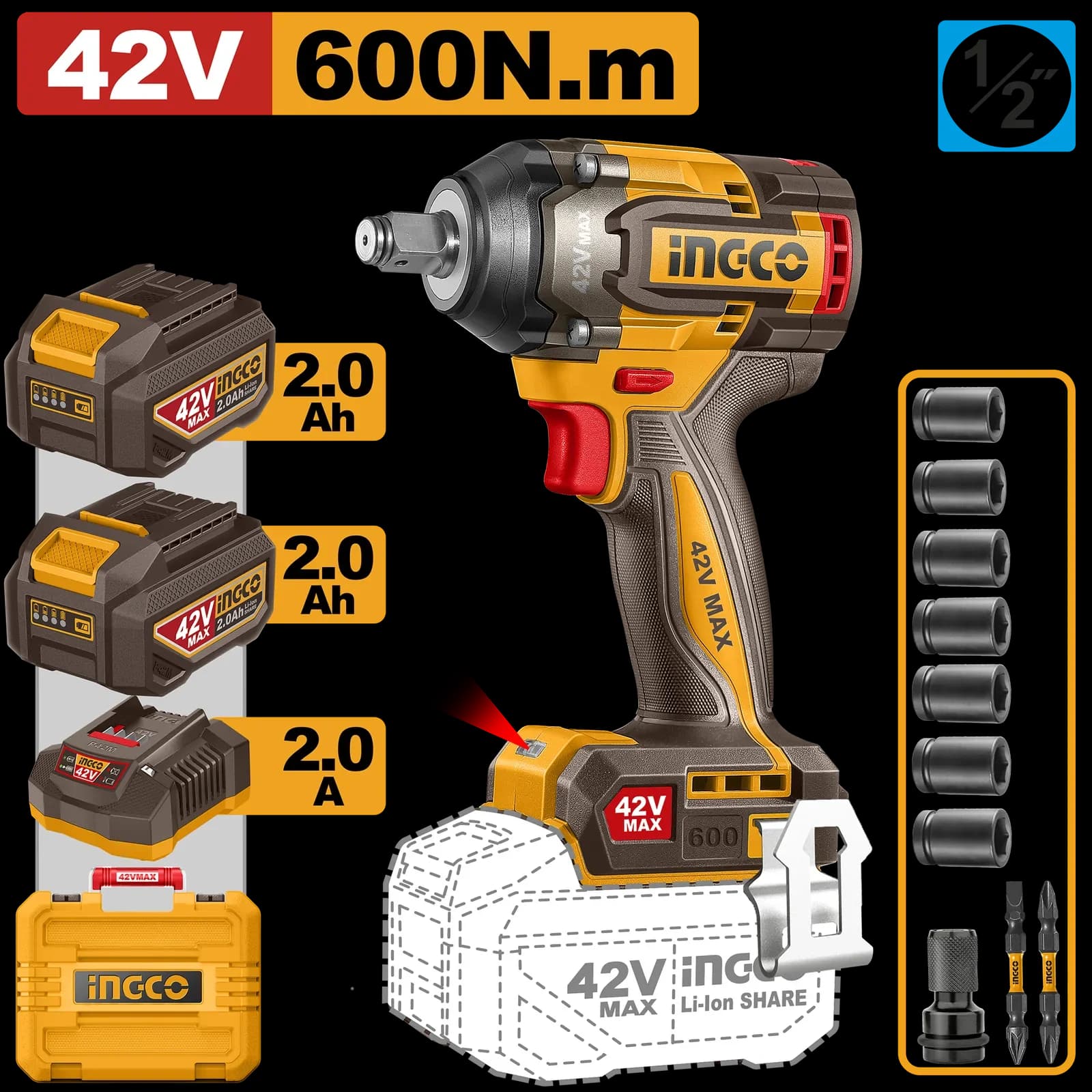 Гайковерт CIWLI42602 600Нм, Акк, Б/щ, P42M(42В) INGCO, 2хАКБ 2Ач и ЗУ 2А
