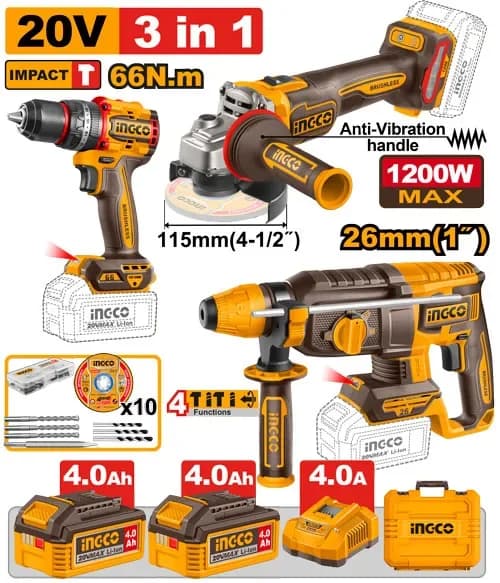 Набор акк инструм CKLI202598 P20S(20В): - Дрель-шуруповерт - УШМ - Перфоратор, 2хАКБ 4Ач и ЗУ 4А, кейс INDUSTRIAL