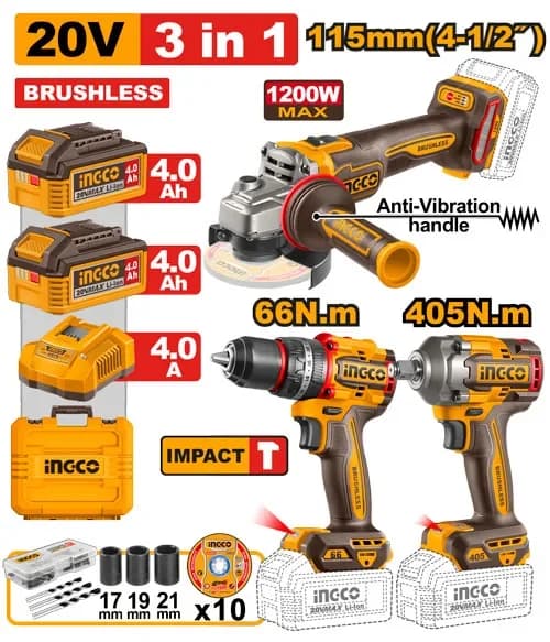 Набор акк инструм CKLI20358 P20S(20В): - Дрель-шуруповерт - УШМ - Гайковерт, 2хАКБ 4Ач и ЗУ 4А, кейс INDUSTRIAL