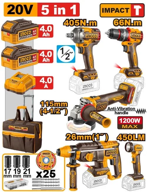 Набор акк инструм CKLI20595 P20S(20В): - Дрель-шуруповерт - Гайковерт - УШМ - Перфоратор - Фонарь, 2хАКБ 4Ач и ЗУ 4А, сумка INDUSTRIAL