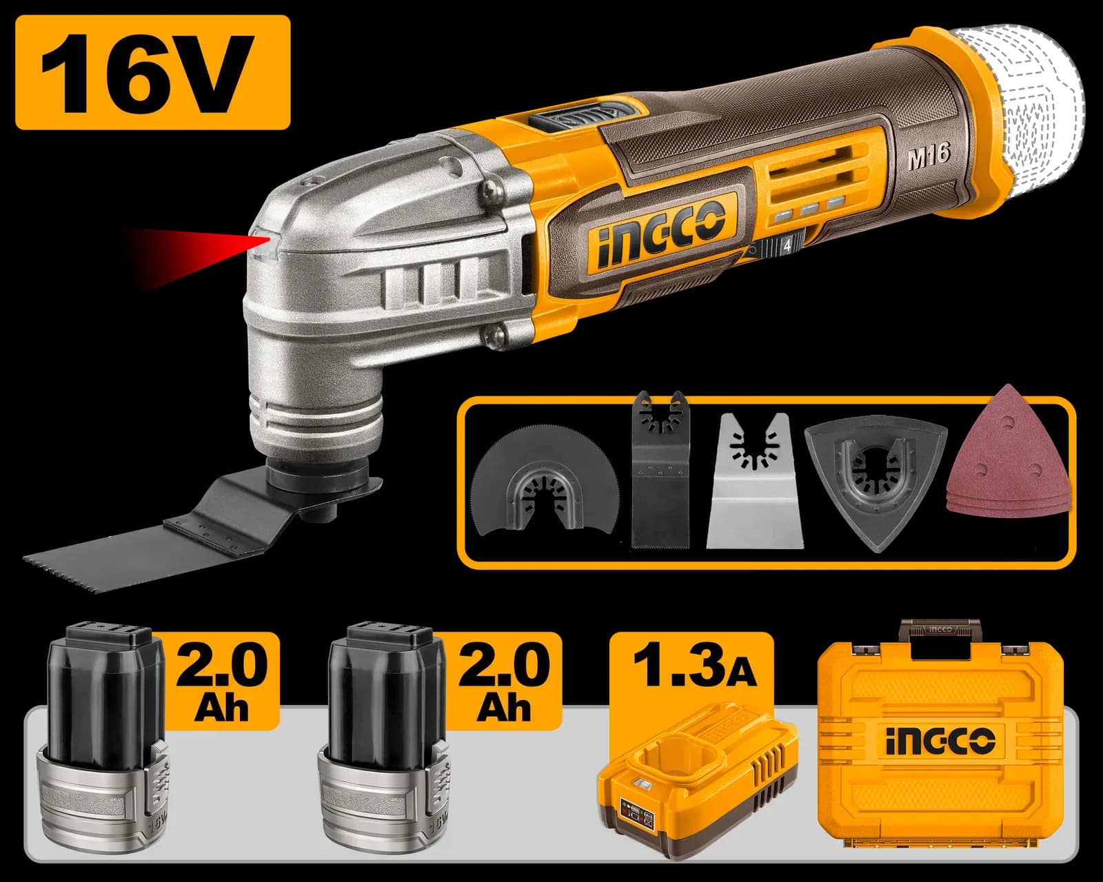 МФИ (реноватор) CMLI16222, акк., M16(16В) INGCO, 2хАКБ 2Ач и ЗУ 1.3А