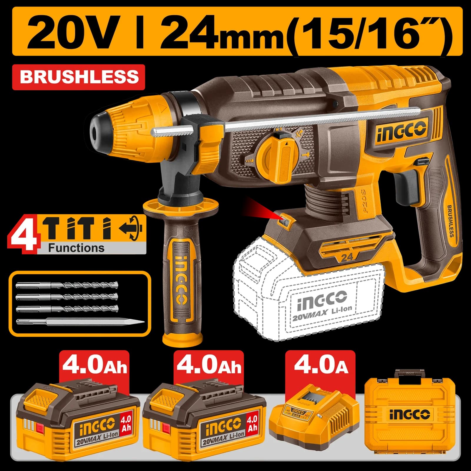 Перфорато CRHLI202482 SDS+, 2,4Дж, акк, б/щ, P20S(20В) INGCO, 2хАКБ 4Ач и ЗУ 4А
