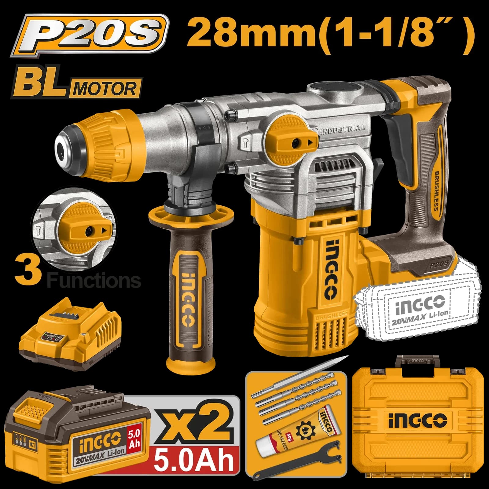 Перфоратор CRHLI202885 SDS+, 4,5Дж, акк, б/щ, P20S(20В) INGCO, 2хАКБ 5Ач и ЗУ 2А
