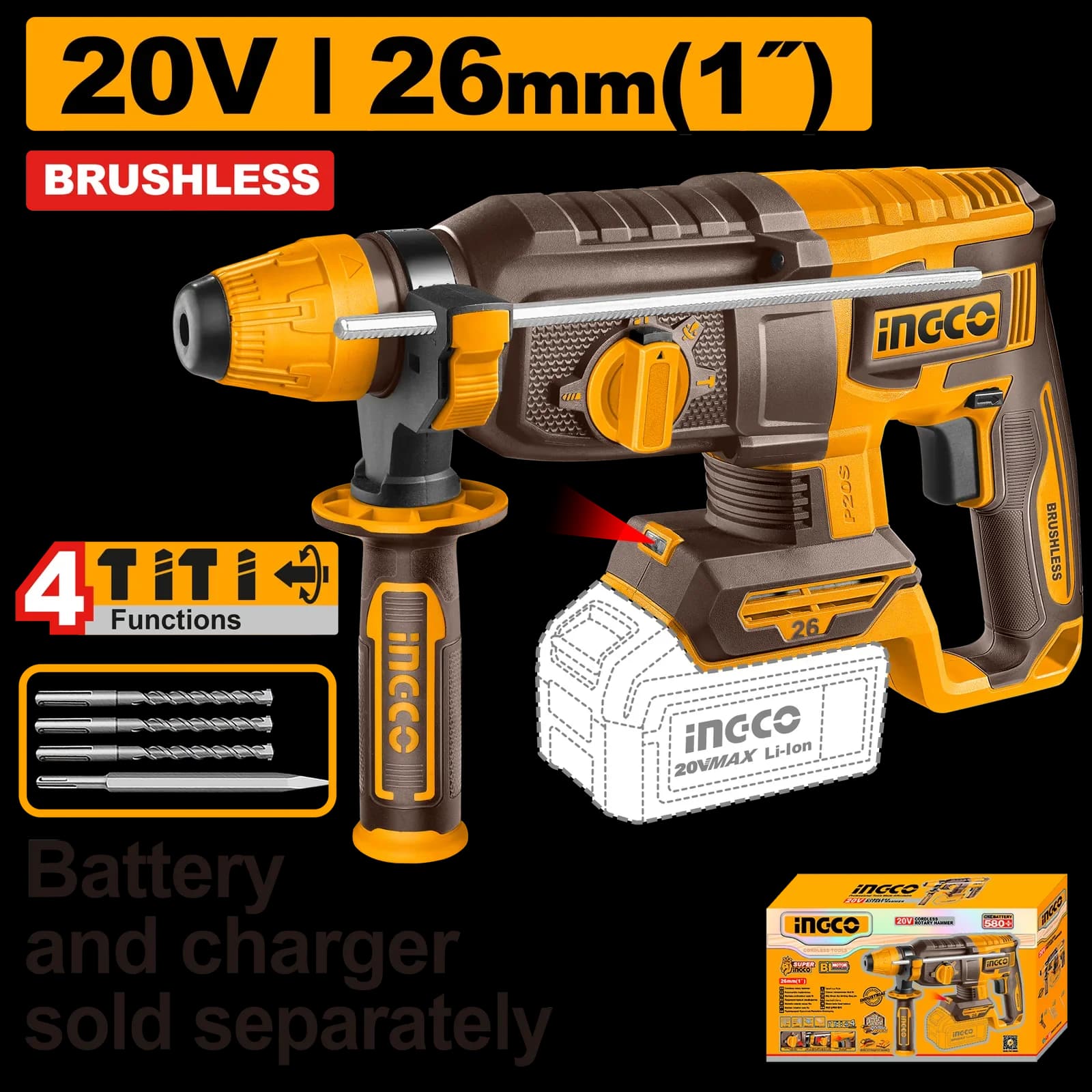 Перфорато CRHLI26208 SDS+, 2,5Дж, акк, б/щ, P20S(20В) INGCO, без АКБ и ЗУ