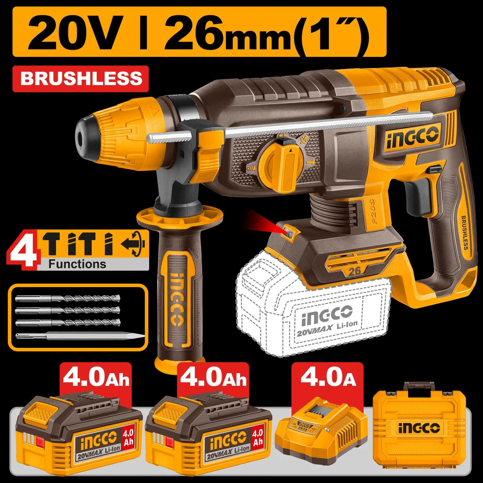 Перфорато CRHLI262085 SDS+, 2,5Дж, акк, б/щ, P20S(20В) INGCO, 2хАКБ 4Ач и ЗУ 4А, кейс INDUSTRIAL