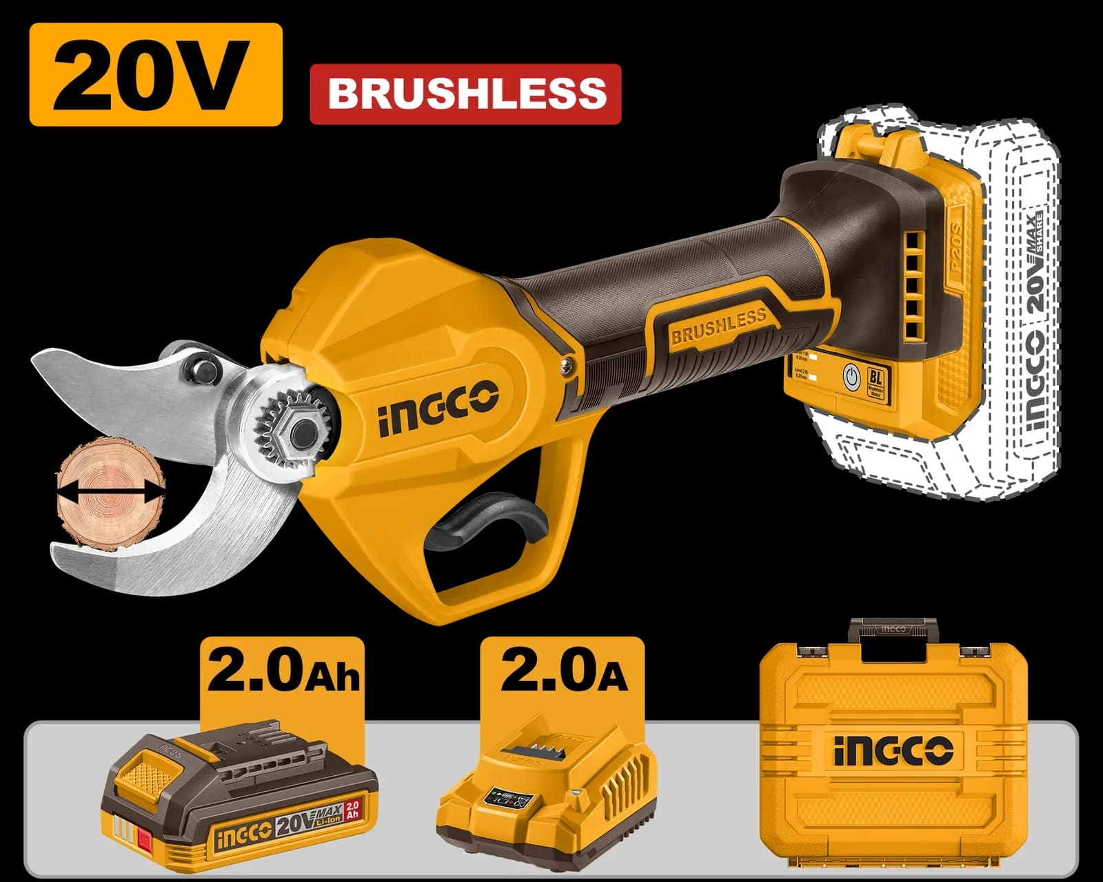 Секатор аккумуляторный CSSLI203083, акк., P20S (20В), INGCO INDUSTRIAL