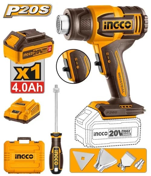 Фен технический HGLI20065, акк, 300/550°C, P20S(20В) INGCO, 1хАКБ 4Ач и ЗУ 2А, кейс INDUSTRIAL