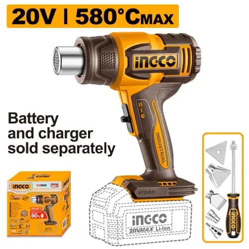 Фен технический HGLI2008, акк, 300/580°C, P20S(20В) INGCO, без АКБ и ЗУ, коробка INDUSTRIAL