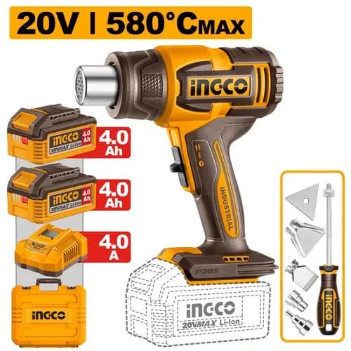 Фен технический HGLI20085, акк, 300/580°C, P20S(20В) INGCO, 2хАКБ 4Ач и ЗУ 4А