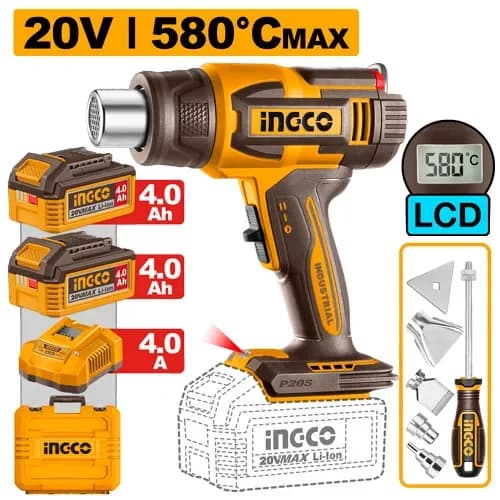 Фен технический HGLI20582 акк., 300/580°C, жк экран, P20S(20В) INGCO, 2хАКБ 4Ач и ЗУ 4А