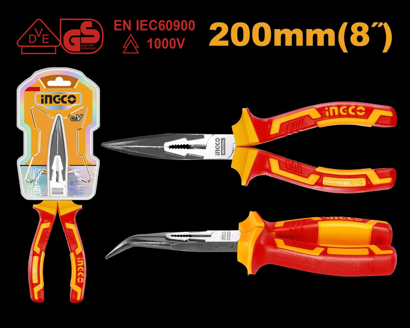 Тонкогубцы диэлектрические HIBNP28208 INGCO, блистер INDUSTRIAL