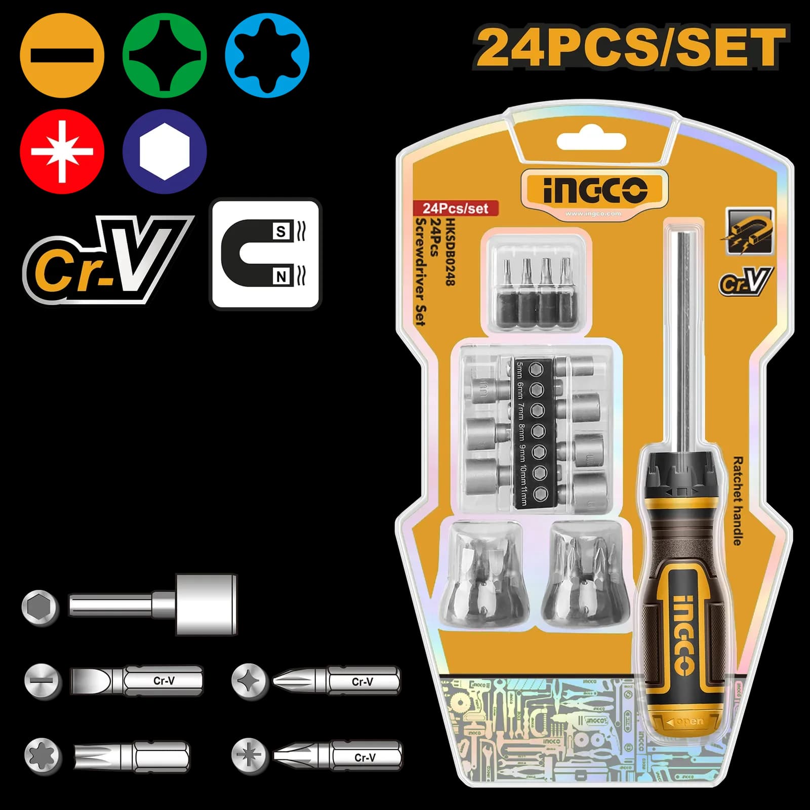 Отвертка реверсивная HKSDB0248 INGCO, блистер SUPER