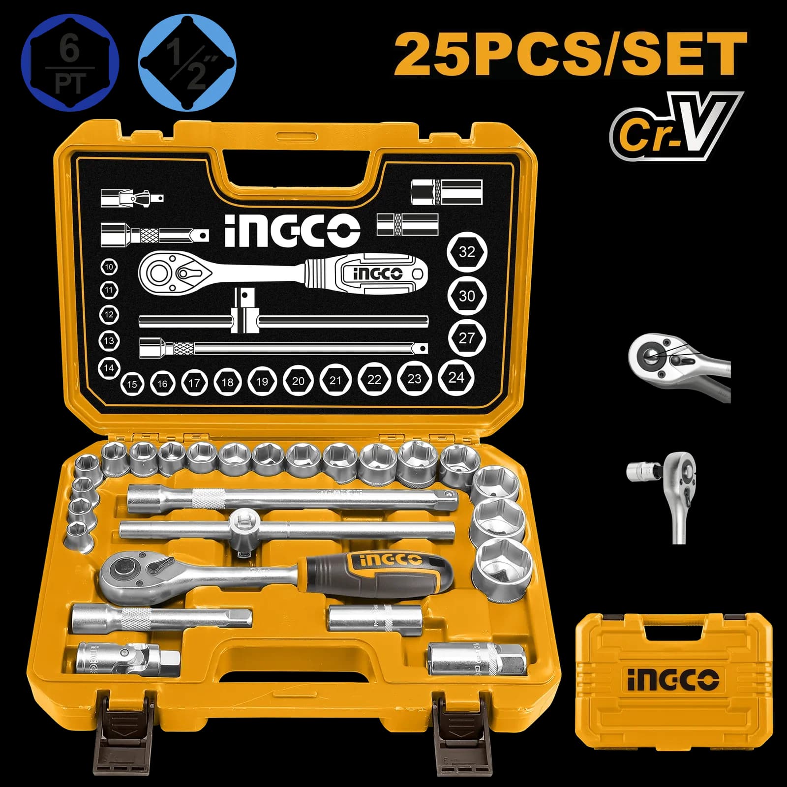Набор головок с трещоткой HKTS12251 INGCO, кейс INDUSTRIAL