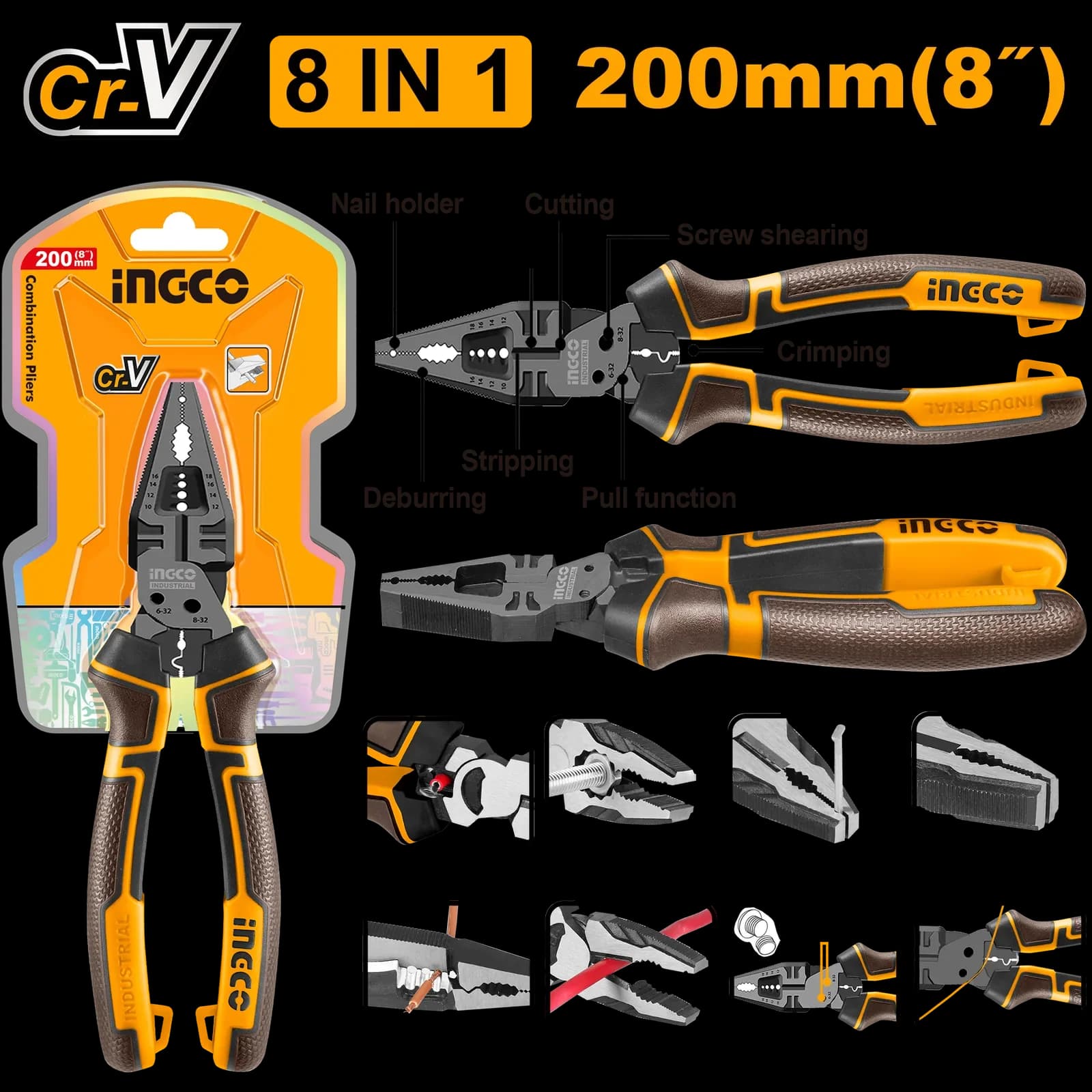 Плоскогубцы 8 в 1 HMFCP28200 INGCO, блистер INDUSTRIAL