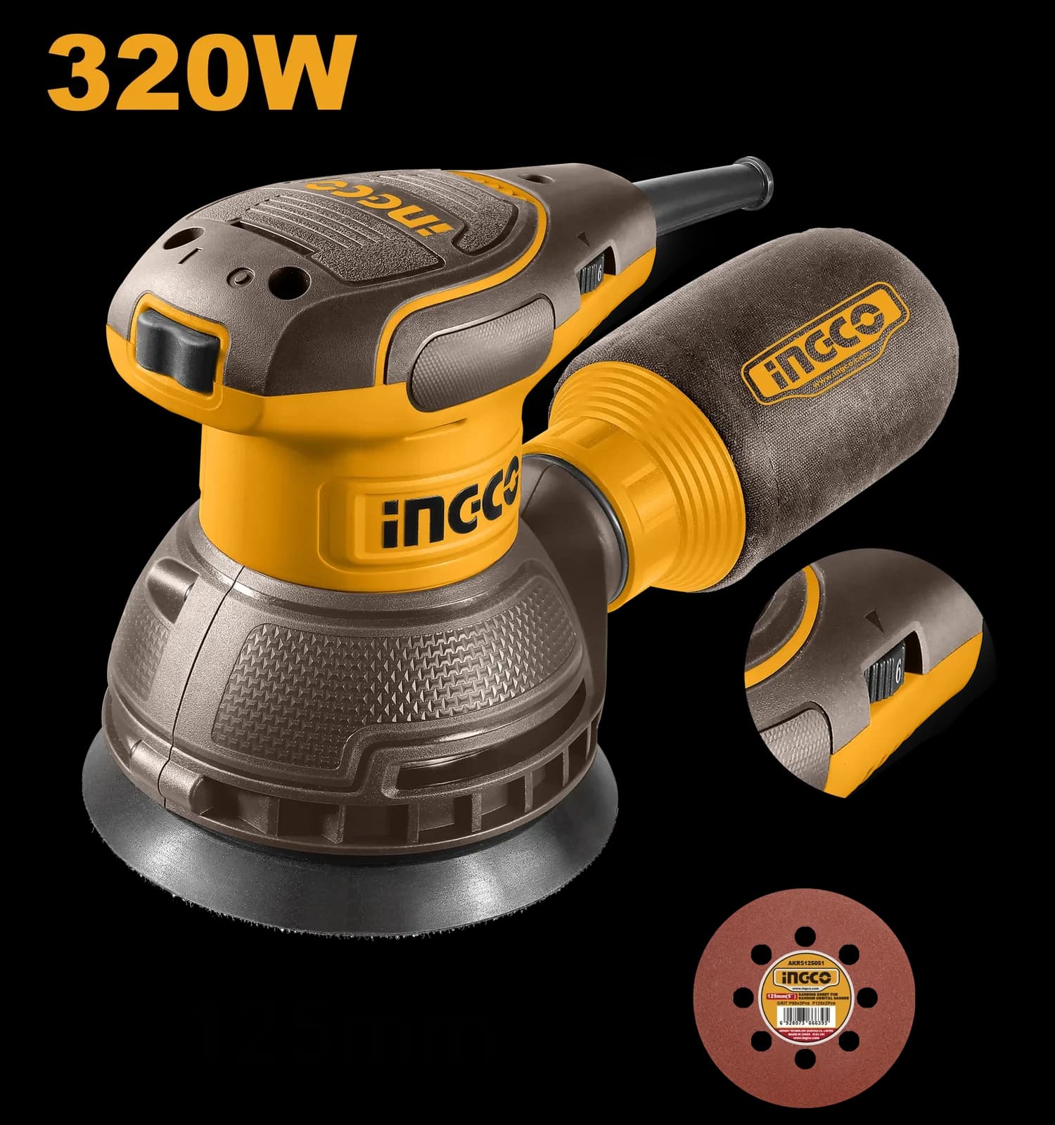 Шлифмашина эксцентриковая RS3216, 125 мм, INGCO
