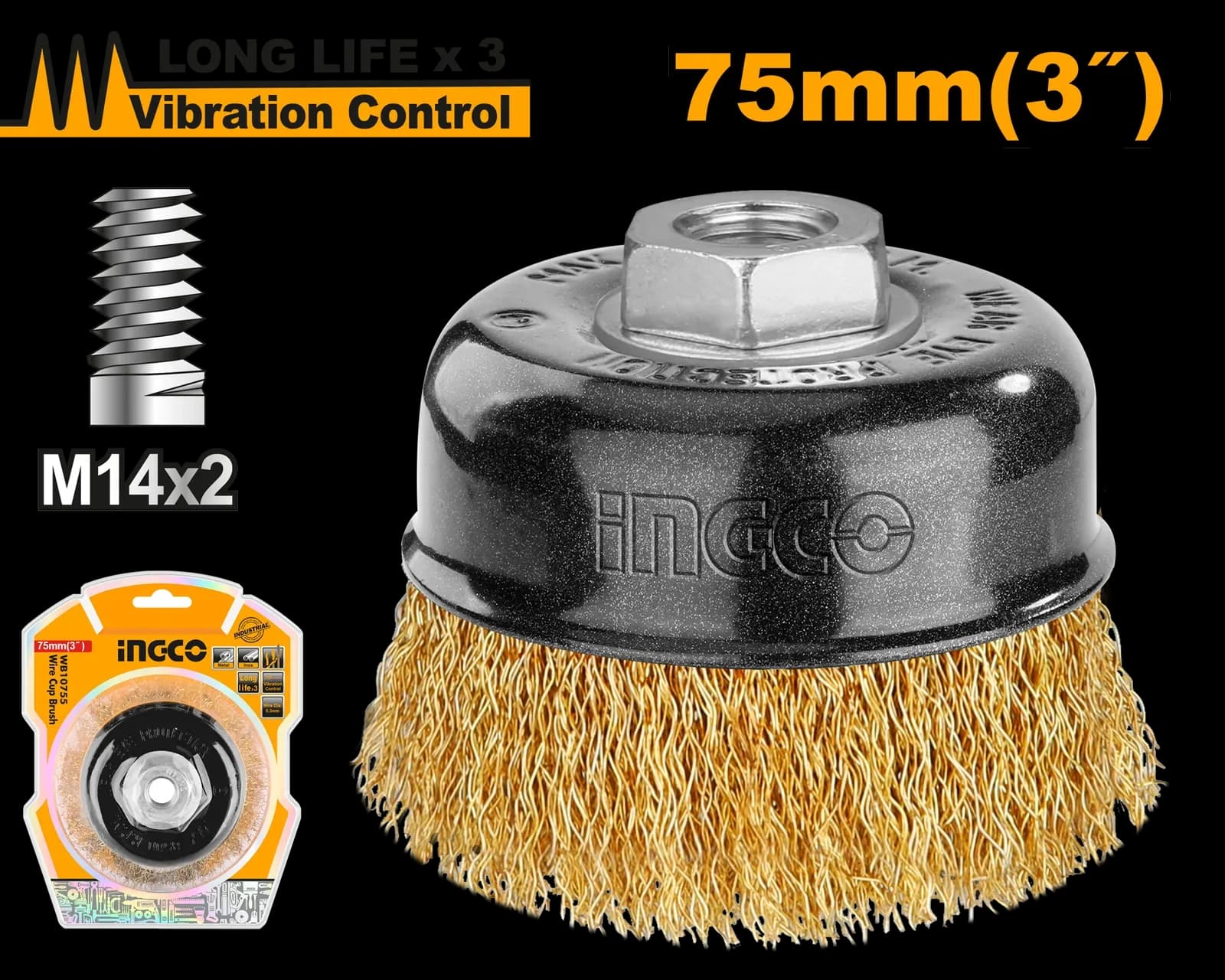 Щетка проволочная чашечная WB10755 75мм INGCO, блистер INDUSTRIAL