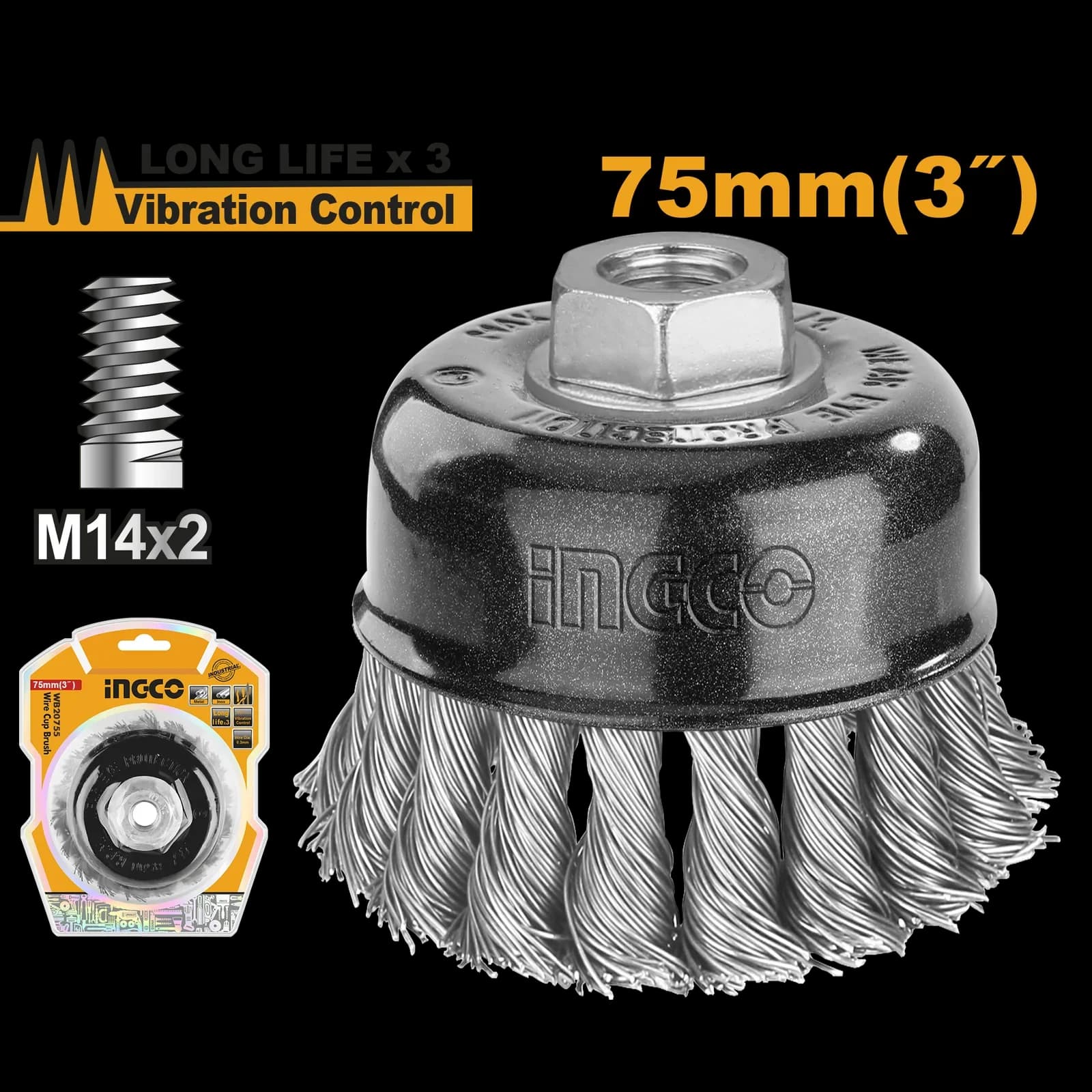 Щетка проволочная чашечная WB20755 75мм INGCO, блистер INDUSTRIAL