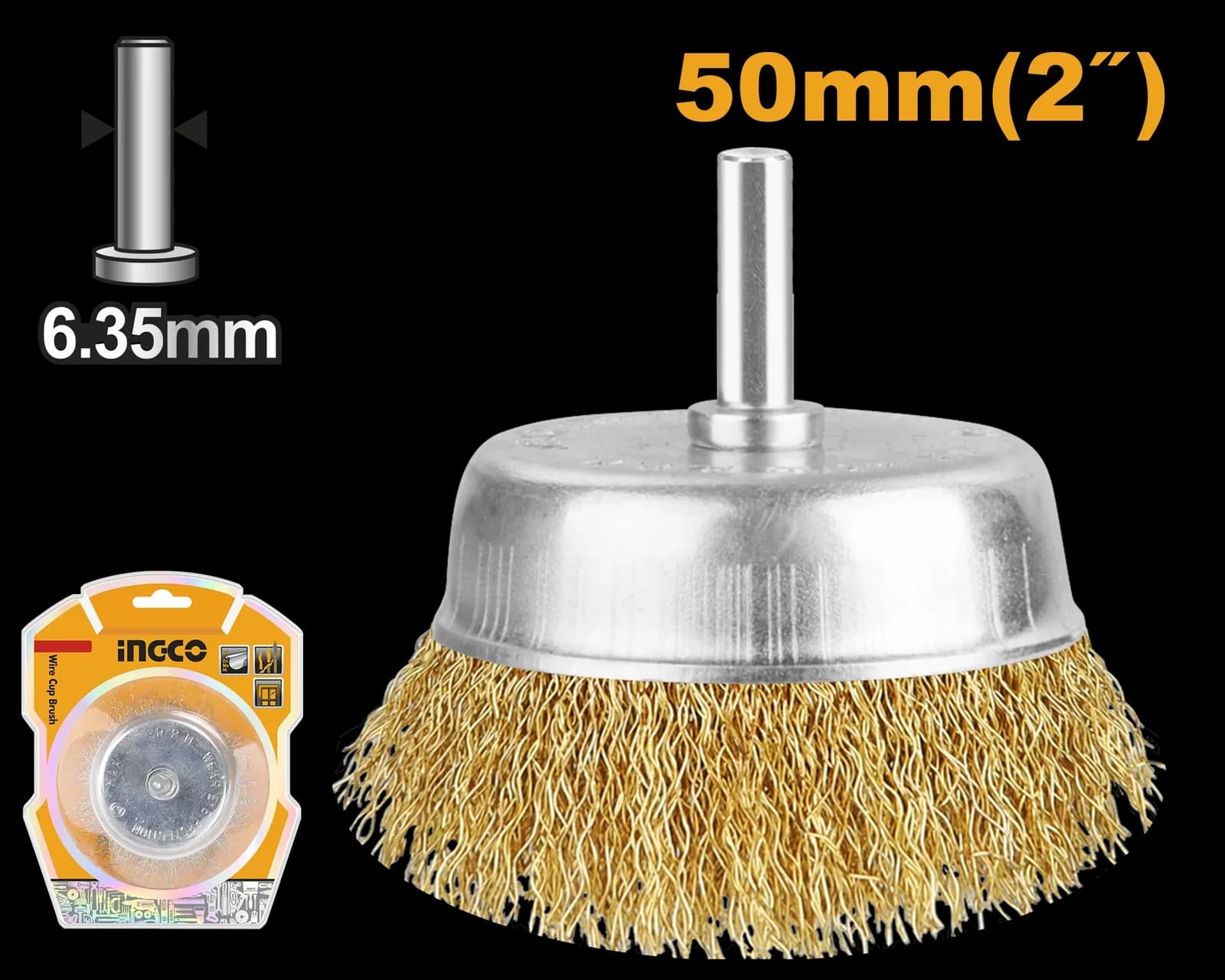 Щетка проволочная чашечная на шпильке WB30501 50мм INGCO, блистер STANDARD