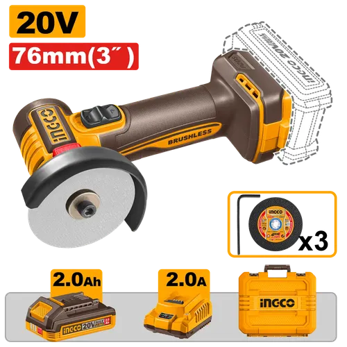 Мини-УШМ CAGLI207625 Акк., б/щ, 76 мм, P20S(20В) INGCO, 1хАКБ 2Ач и ЗУ 2А, кейс INDUSTRIAL