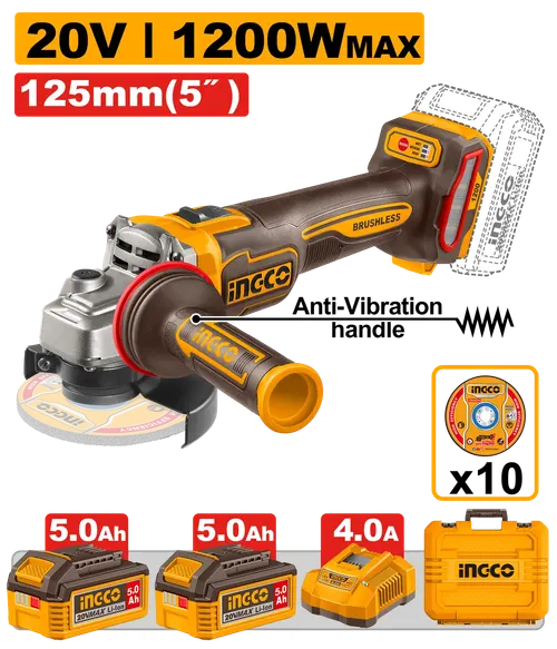 УШМ CAGLI2120272 125мм, 1200W, акк, б/щ , P20S(20В) INGCO, 2хАКБ 5Ач, кейс INDUSTRIAL