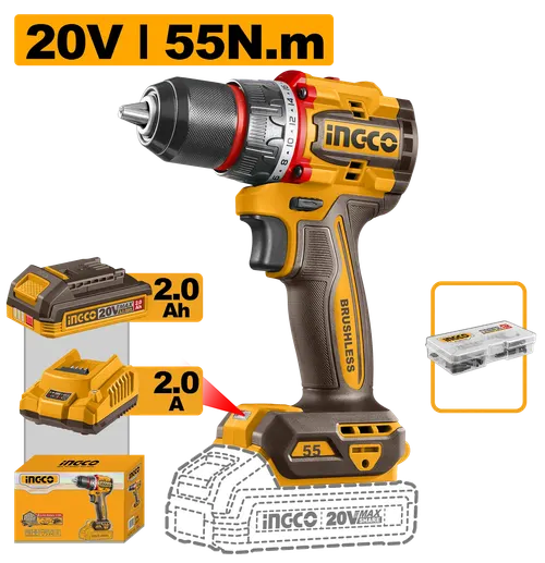 Дрель-шуруповерт CDLI205582 55Нм, акк, б/щ, P20S (20В) INGCO, 1хАКБ 2Ач и ЗУ 2А