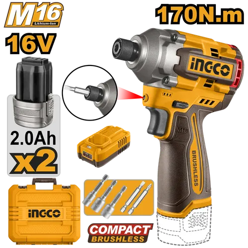 Винтоверт CIRLI16178 170Нм, Акк, Б/щ, M16(16В) INGCO, 2хАКБ 2Ач и ЗУ 1.3А