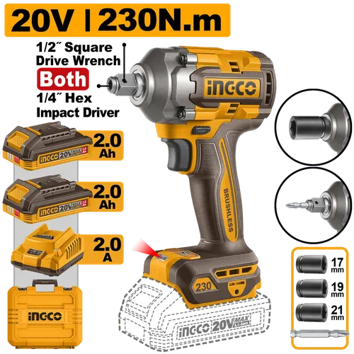 Гайковерт-винтоверт CIWLI20236 230Нм, Акк, Б/щ P20S(20В) INGCO, 2хАКБ 2Ач и ЗУ 2А