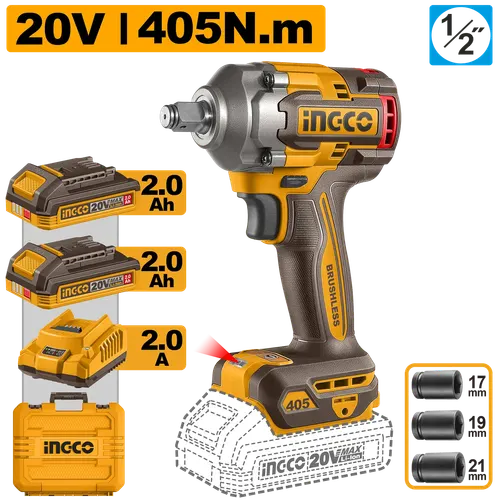Гайковерт CIWLI2045 405Нм, Акк, Б/щ, P20S(20В) INGCO, 2хАКБ 2Ач