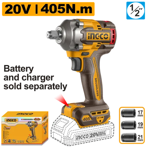 Гайковерт CIWLI20451 405Нм, Акк, Б/щ, P20S(20В) INGCO, без АКБ и ЗУ, коробка INDUSTRIAL